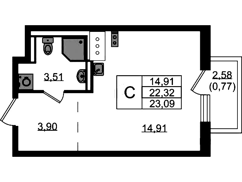 Квартира студия 23.09 м², 5/13 эт., ЖК «Квартал Торики»